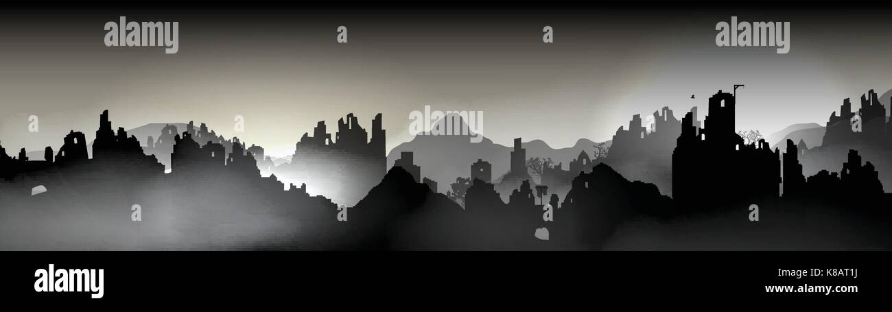 Destroyed city Panorama, Buildings in Ruin - Vector Illustration Stock Vector