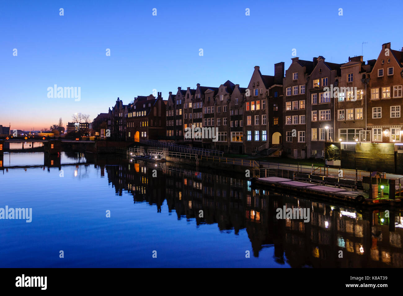 Buildings along the side of the Motława River, Gdansk, Poland at night Stock Photo