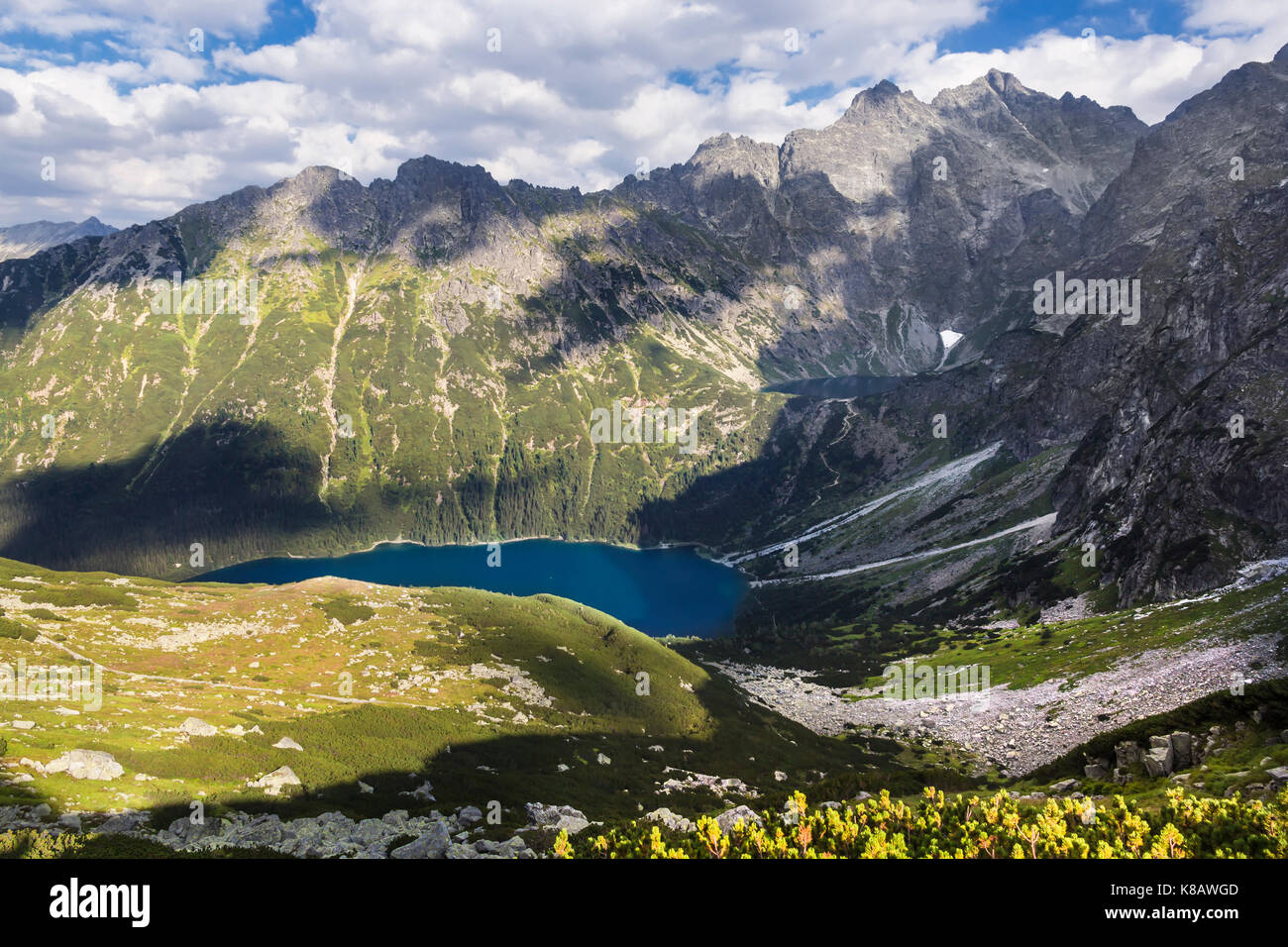 High mountain in Poland. National Park - Tatras. Ecological reserve.  Mountain lake. Stock Photo