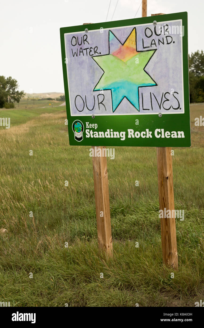 Little Eagle, South Dakota - A sign along Highway 63 on the Standing Rock Indian Reservation, not far from the location of the 2016 fight against the  Stock Photo