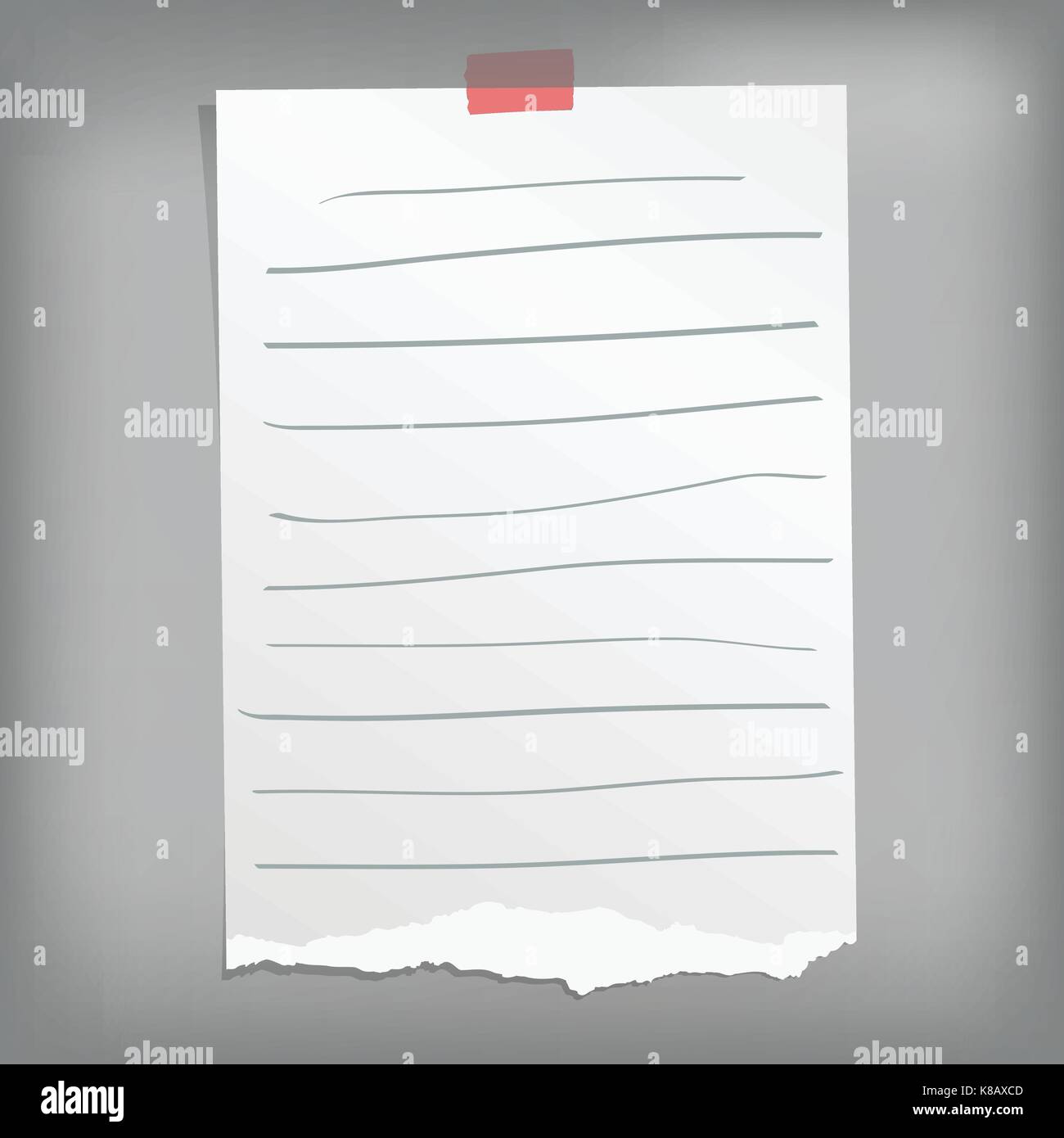 Ripped note, notebook, copybook paper sheets with strips stuck on gray background. Stock Vector