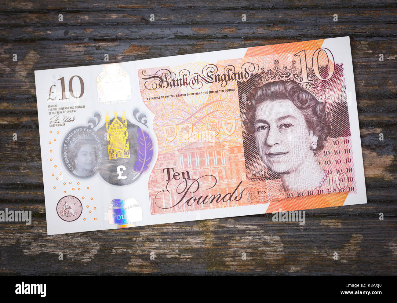 New Plastic Ten Pound Note, Went into circulation on 14th September 2017. Stock Photo