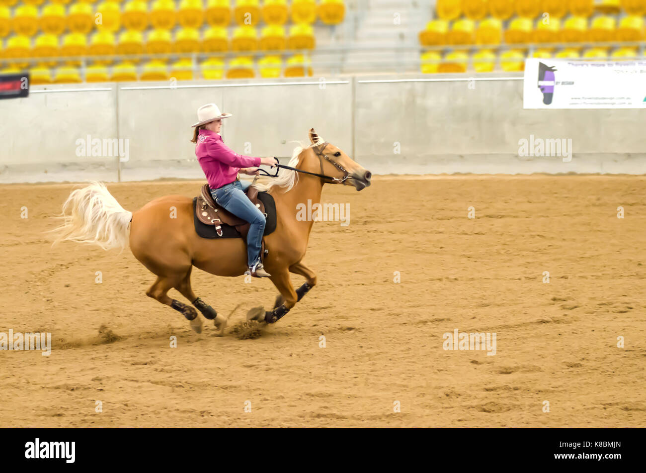 Horse Sports, Ladies National Finals Barrel Race at the Australian Equine and Livestock Events Centre (AELEC) Indoor Arena,Tamworth NSW Australia, Stock Photo