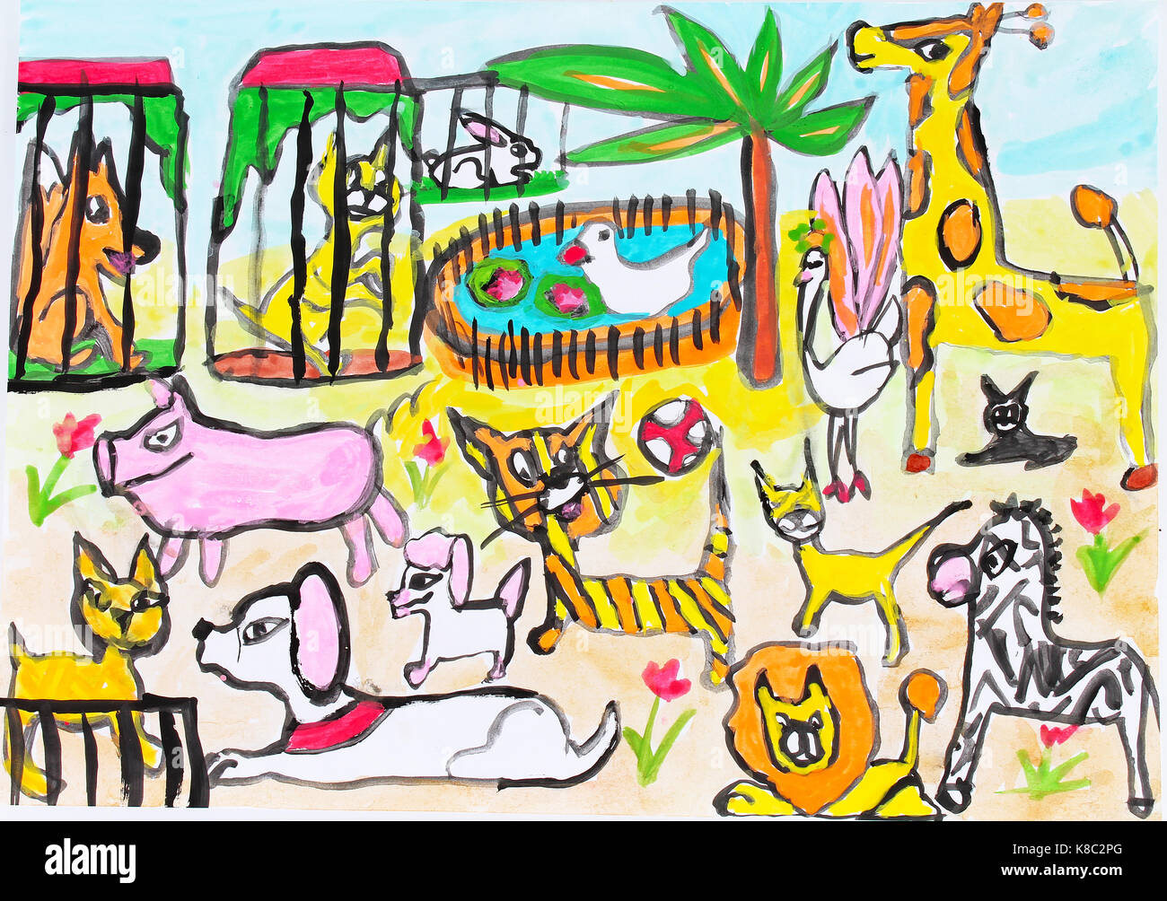 Child draw drawing paint painting Zoo with animals. Giraffe tiger ...