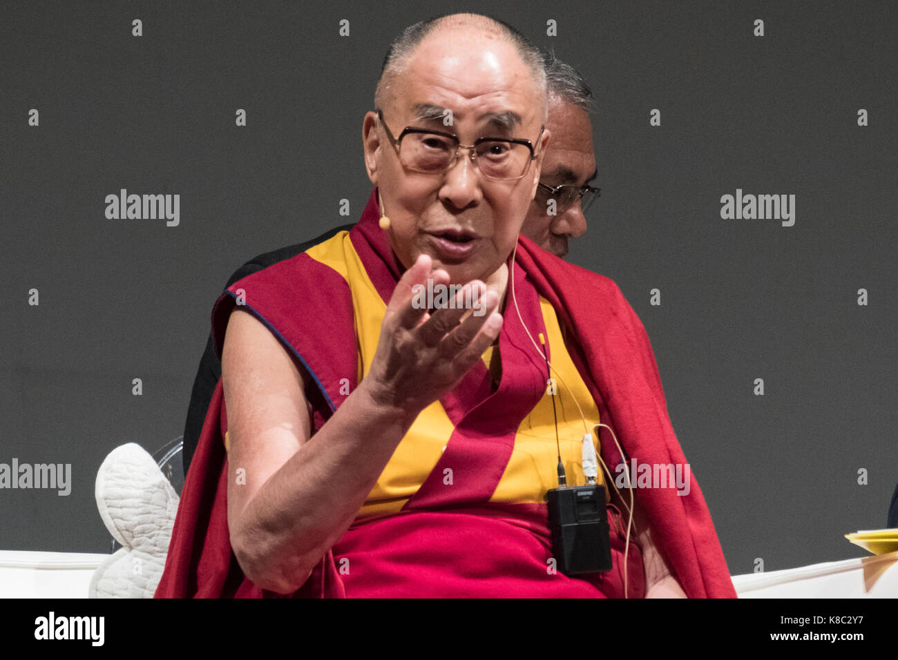 Palermo, Italy. 18th Sep, 2017. The conference in Palermo of the XIV Dalai Lama Tenzin Gyatso. XIV Dalai Lama Tenzin Gyatso returns to Palermo. Joy as an inspiration to invoke peace. After more than twenty years, XIV Dalai Lama Tenzin Gyatso, Tibet's spiritual leader and Nobel Peace Prize, returns to the city of Palermo. Credit: Gianfranco Spatola/Pacific Press/Alamy Live News Stock Photo