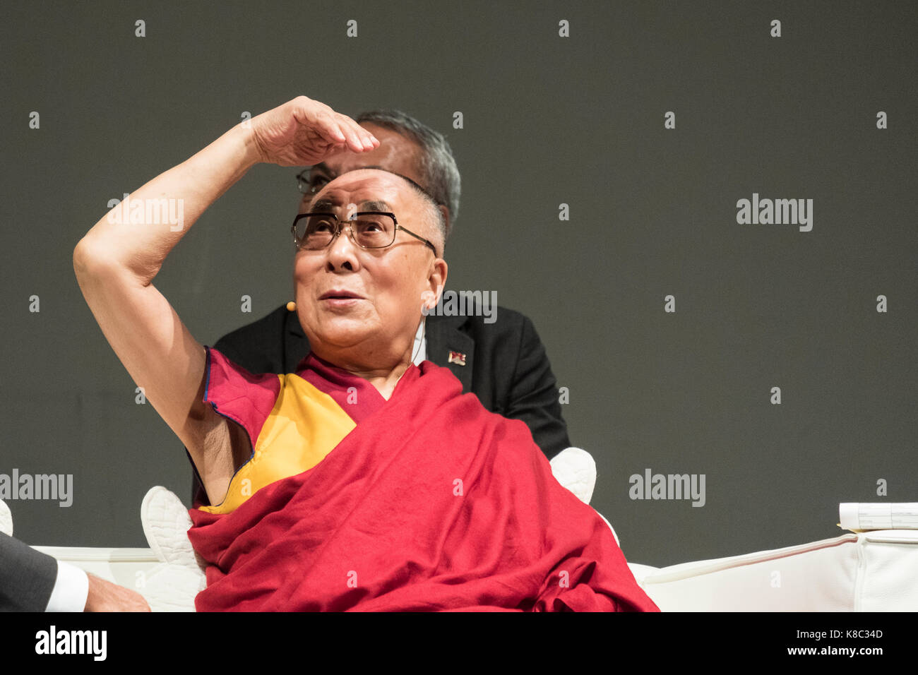 Palermo, Italy. 18th Sep, 2017. The conference in Palermo of the XIV Dalai Lama Tenzin Gyatso. XIV Dalai Lama Tenzin Gyatso returns to Palermo. Joy as an inspiration to invoke peace. After more than twenty years, XIV Dalai Lama Tenzin Gyatso, Tibet's spiritual leader and Nobel Peace Prize, returns to the city of Palermo. Credit: Gianfranco Spatola/Pacific Press/Alamy Live News Stock Photo