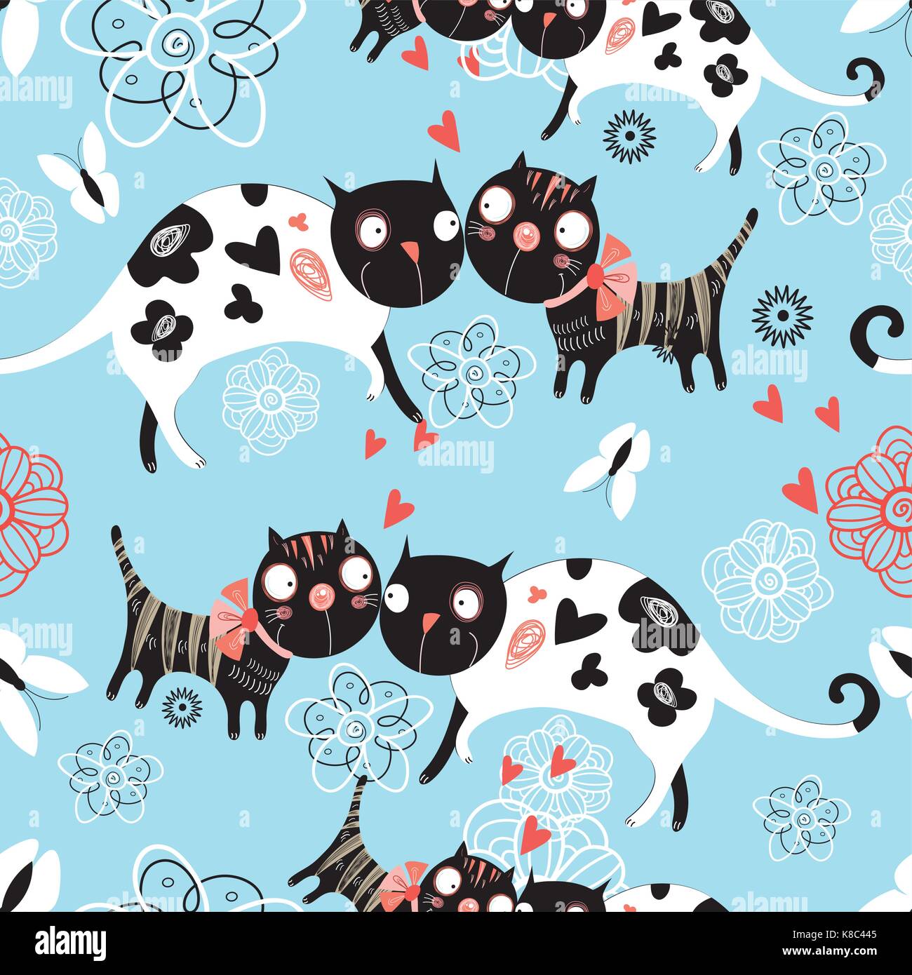 Seamless graphic pattern of enamored cats  Stock Vector