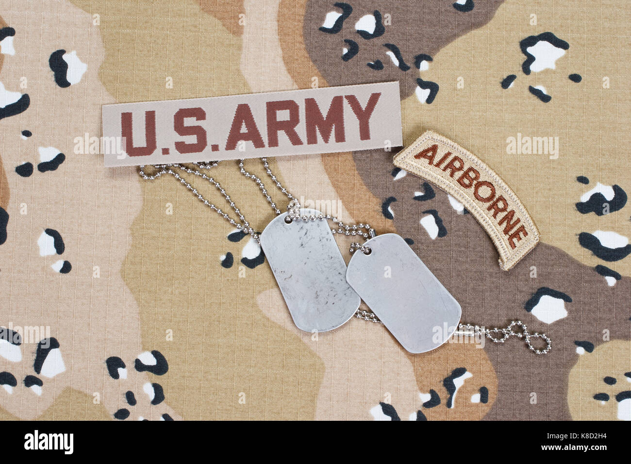 KIEV, UKRAINE - May. 02, US ARMY airborne tab with blank dog tags on camouflage uniform Stock Photo