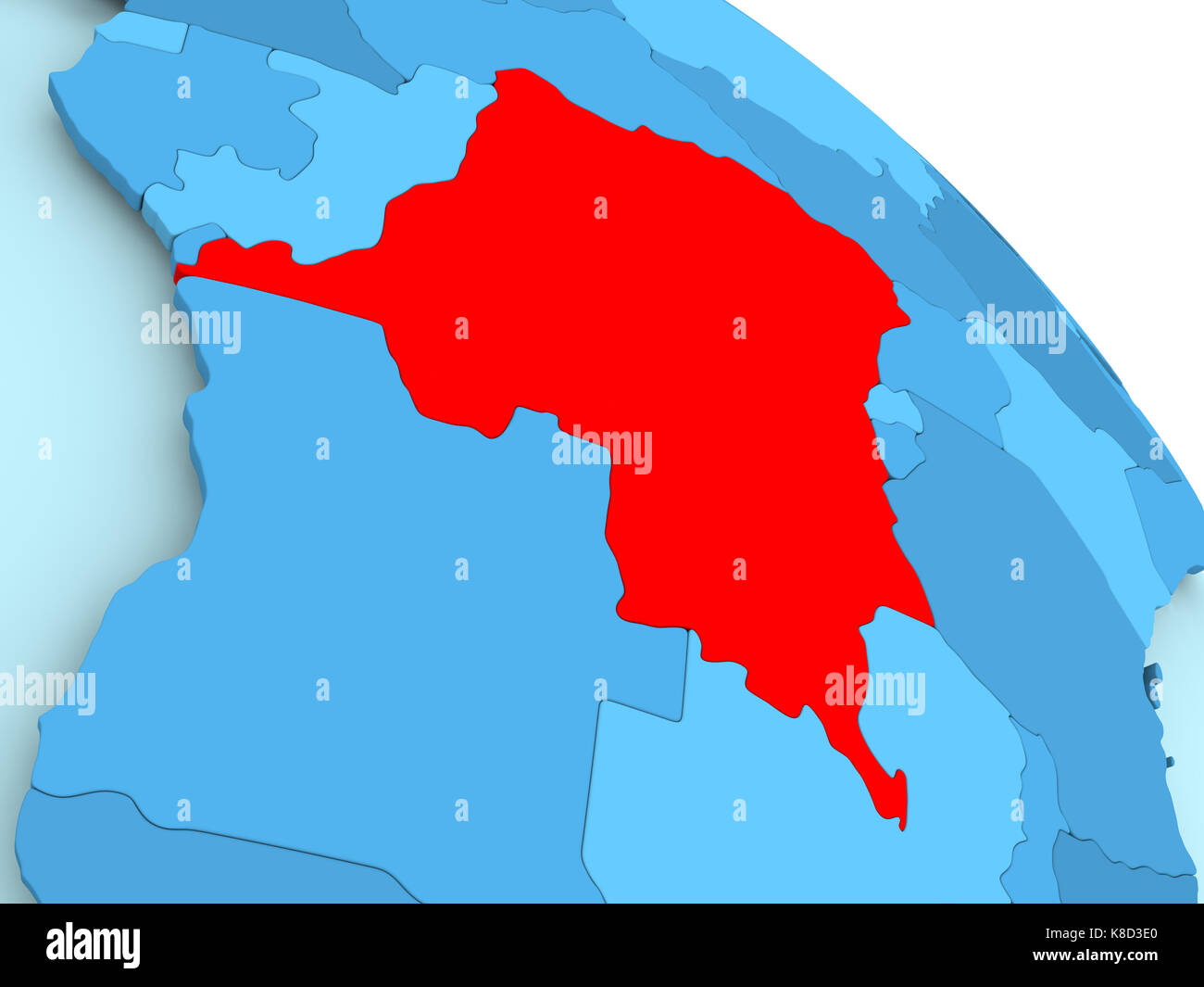Democratic Republic of Congo highlighted on blue 3D model of political ...