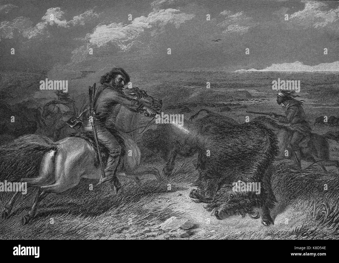 United States. Old West. Hunting buffalo with a revolver. Engraving. Harper's Weekly, 1870 Stock Photo