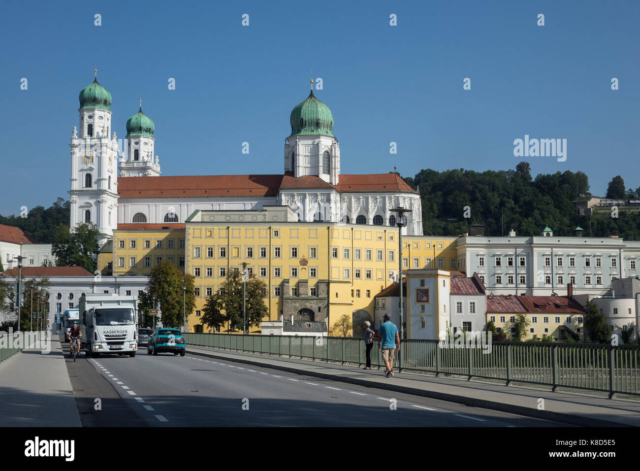 Germany, Lower Bavaria, Passau, St.Stephen's cathedral from bridge over river Inn Stock Photo