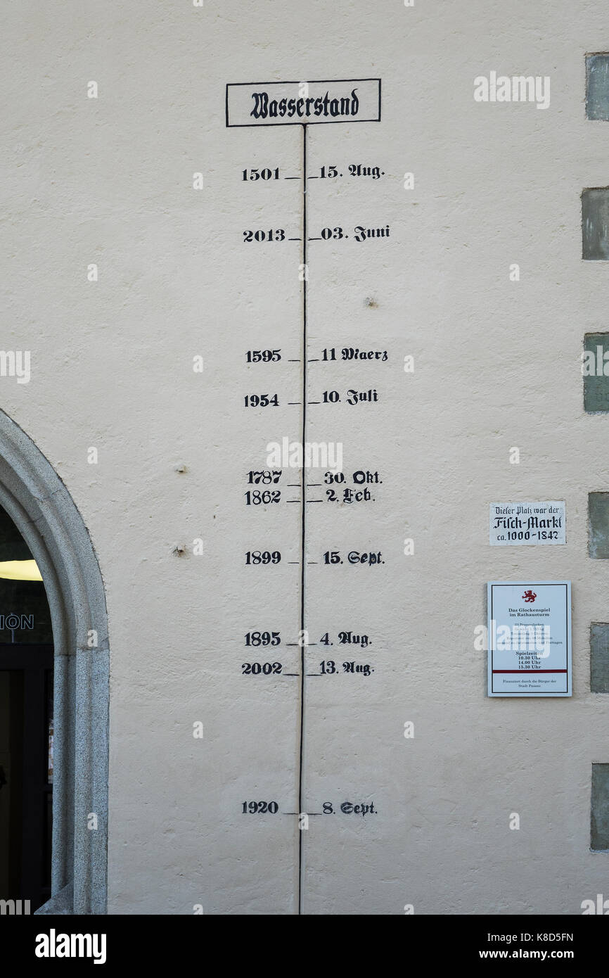Germany, Lower Bavaria, Passau,Flood level marks on Rathaus wall Stock Photo