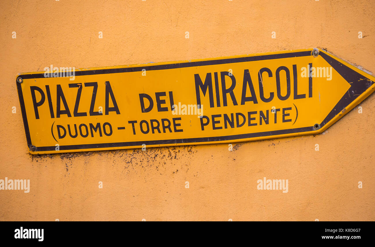Direction sign to Miracoli Square with the Leaning Tower - Tuscany Italy Stock Photo
