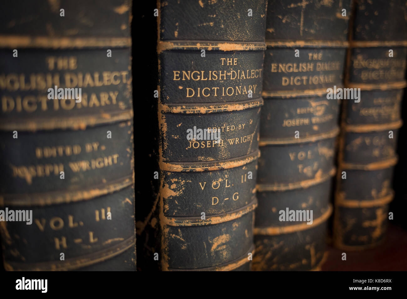 Antiquarian copies of the English Dialect Dictionary line the shelves in the Lee Library of the British Academy, on 17th September 2017, at 10-12 Carlton House Terrace, in London, England. The English Dialect Dictionary (EDD) is a dictionary of English dialects compiled by Joseph Wright (1855–1930). The English Dialect Dictionary, being the complete vocabulary of all dialect words still in use, or known to have been in use during the last two hundred years; founded on the publications of the English Dialect Society and on a large amount of material never before printed was published by Oxford  Stock Photo