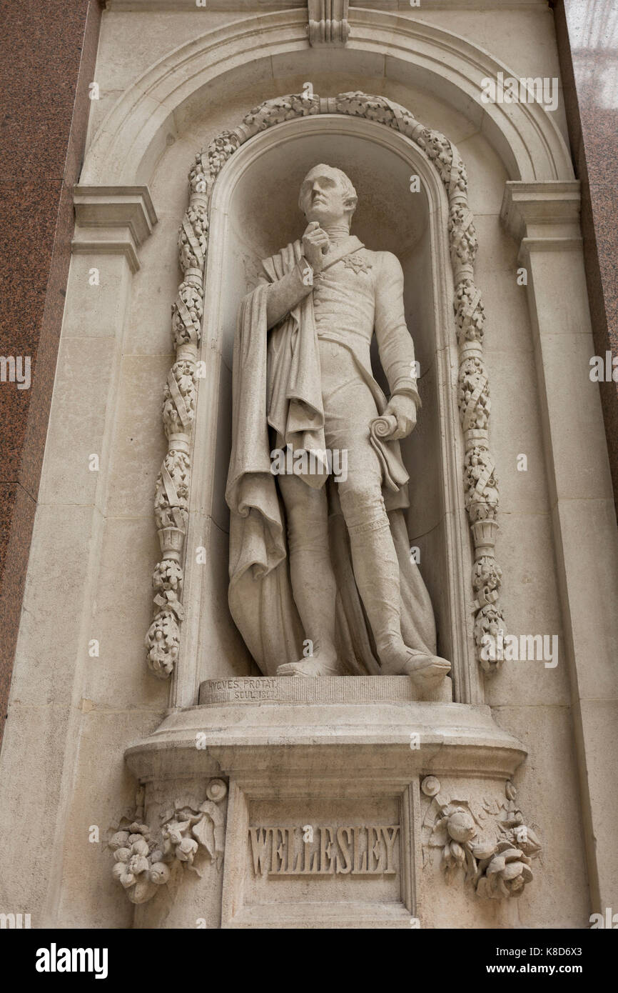 The architecture of the covered Durbar Court, inside the Foreign and Commonwealth Office (FCO) and part of the former India Office, on 17th September 2017, in Whitehall, London, England. Richard Colley Wellesley, 1st Marquess Wellesley KG PC PC (Ire) (1760-1842) was styled Viscount Wesley from birth until 1781 and was known as Earl of Mornington from 1781 until 1799. He was an Irish and British politician and colonial administrator.The main Foreign Office building is in King Charles Street, and was built by George Gilbert Scott in partnership with Matthew Digby Wyatt and completed in 1868 as p Stock Photo