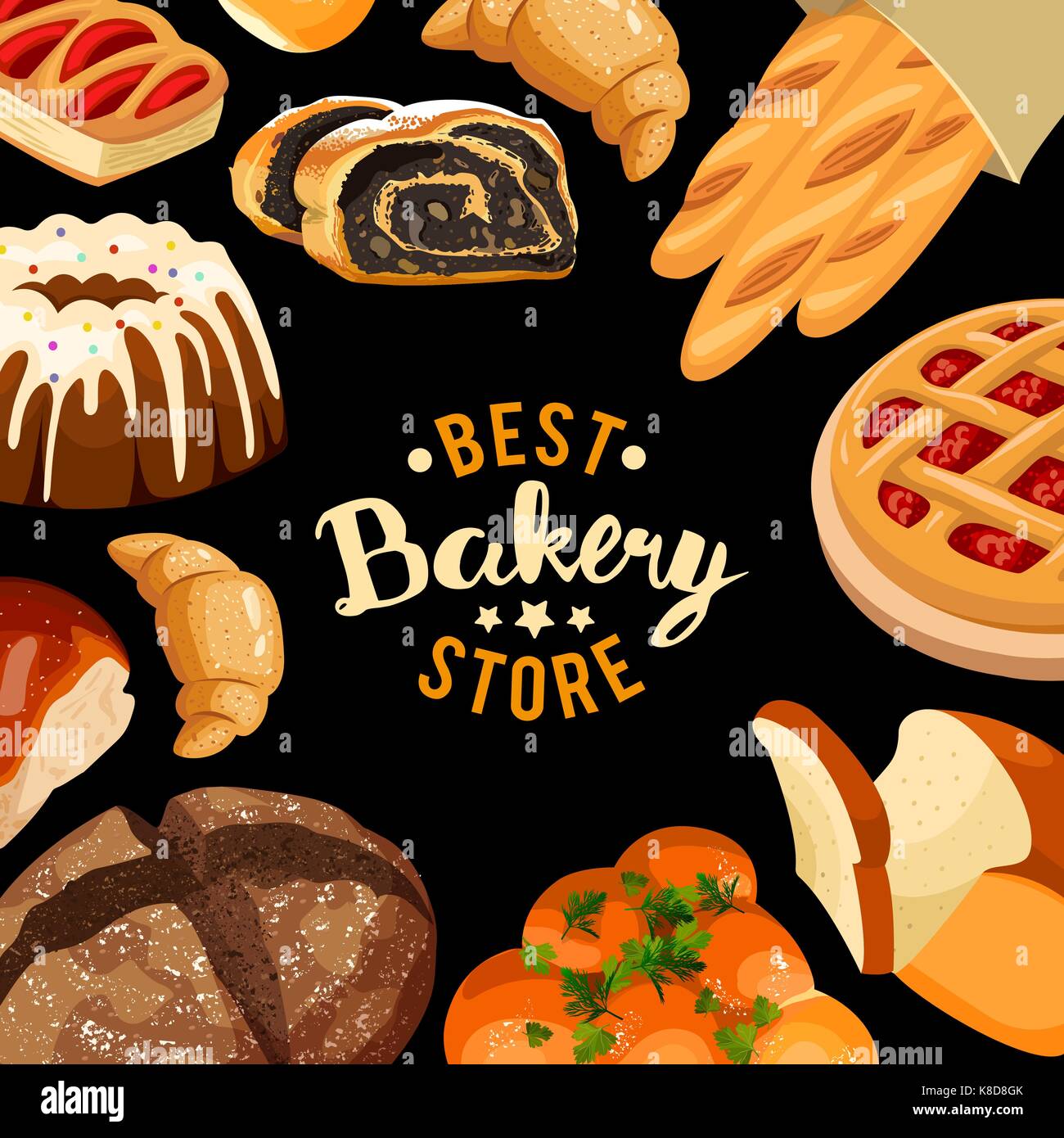 Bakery shop vector frame Baked bread products icons Stock Vector Image