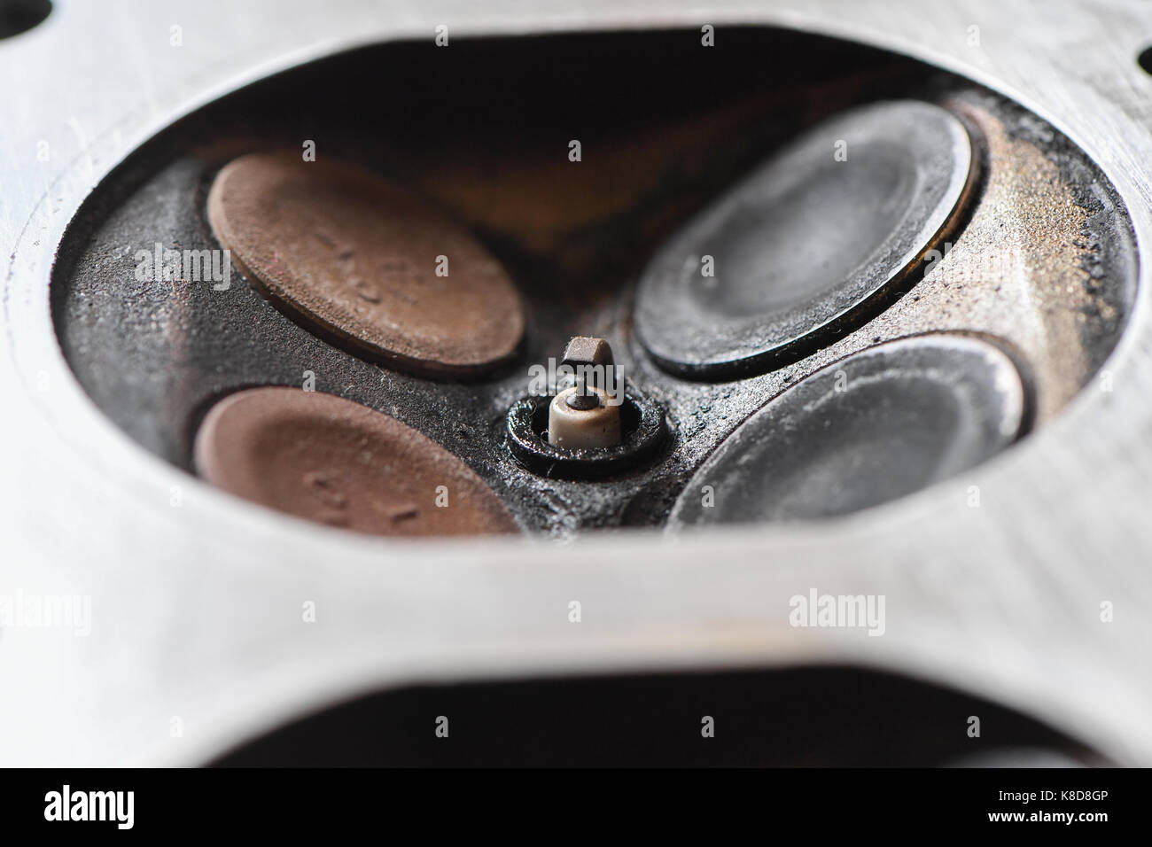 A spark plug mounted in the cylinder head with valves visible Stock