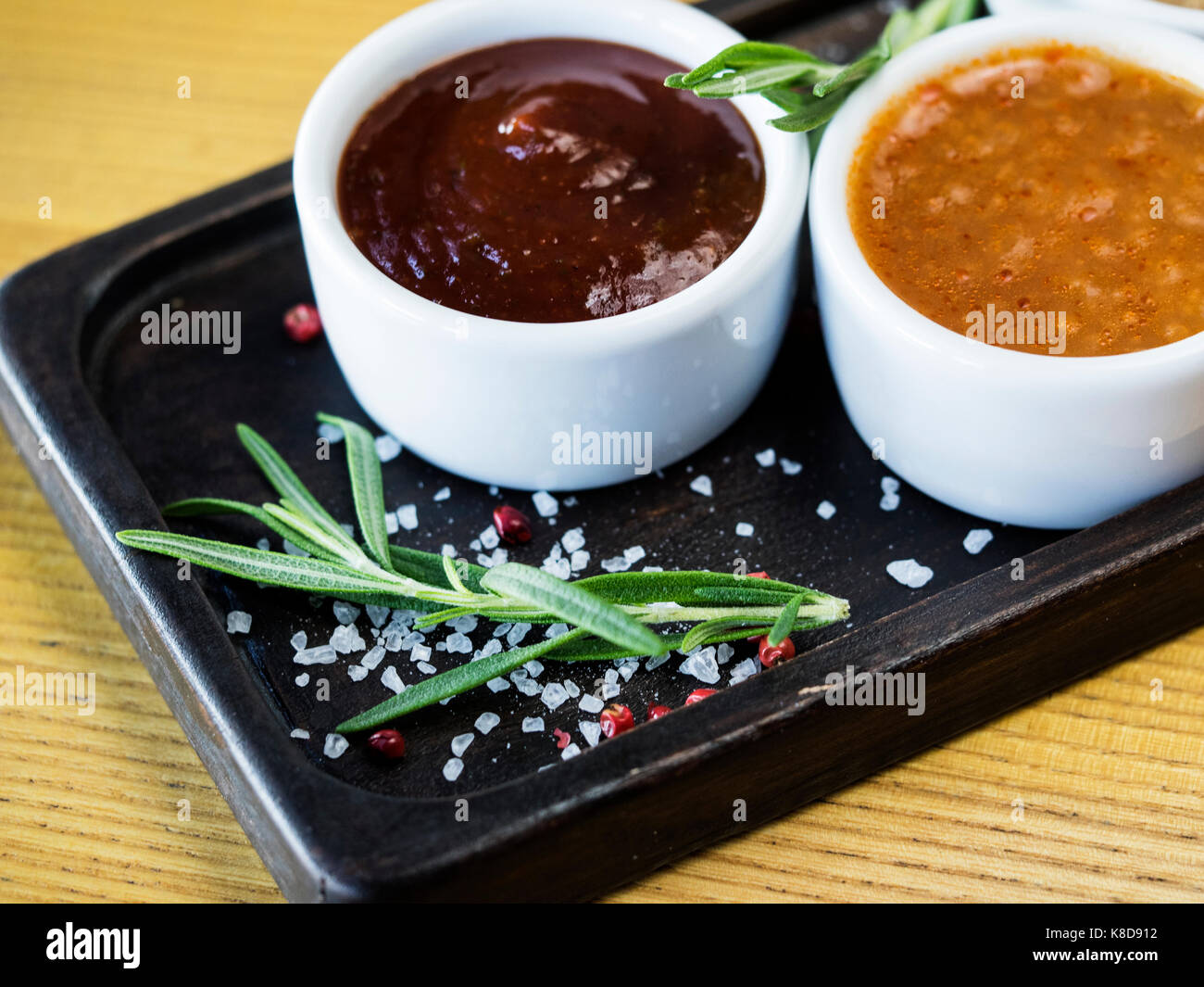 Set of sauces BBQ, Sweet n’ sour, Cheese, Pizza, Mushroom Stock Photo