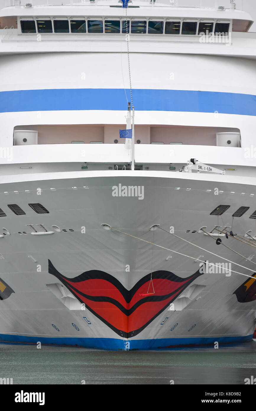 The Red lipsticked Aida Cara cruise ship in port at Southampton docks Stock Photo