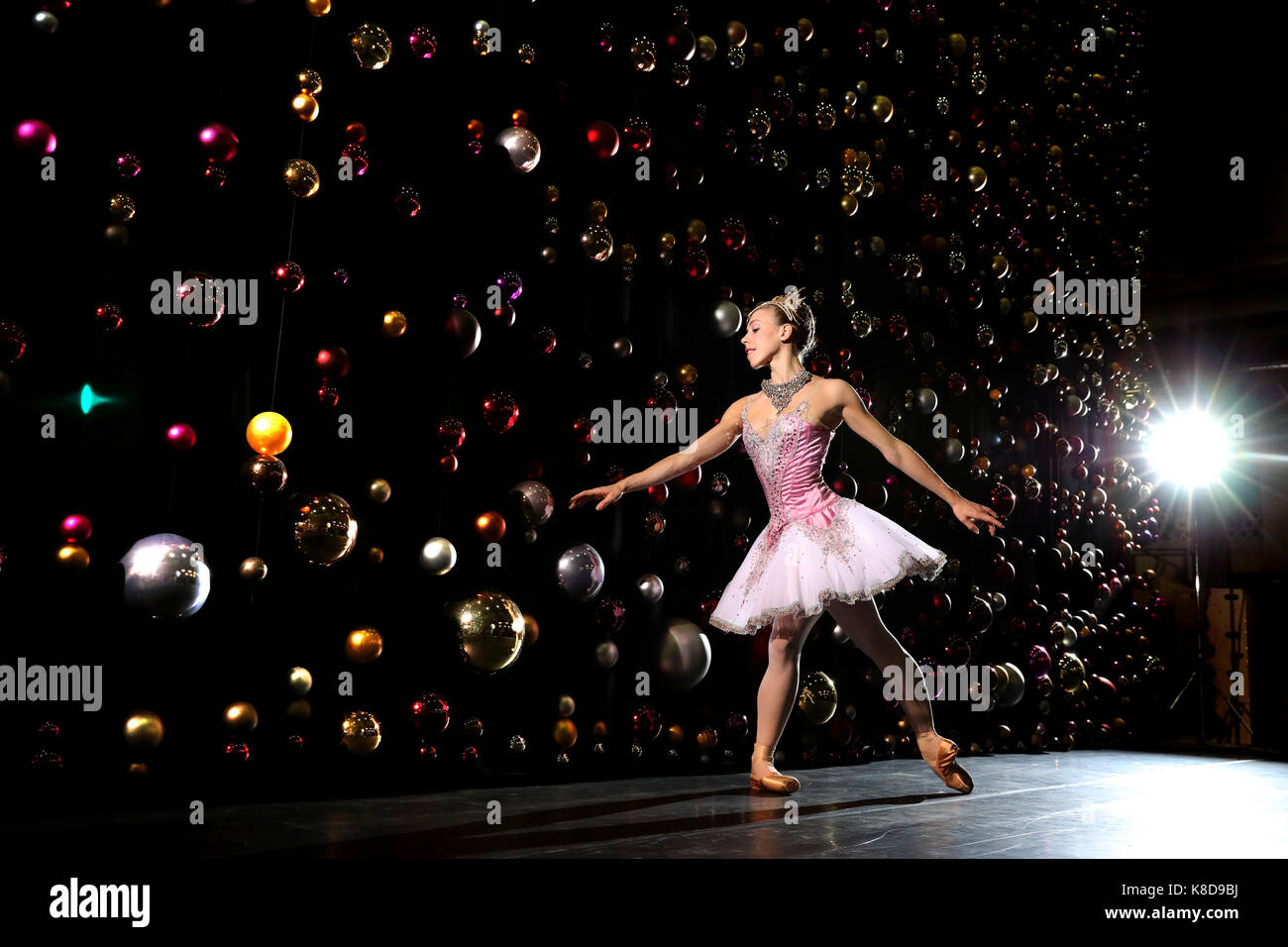 Constance Devernay of the Scottish Ballet, dressed in a Sugar Plum Fairy costume, launches an appeal encouraging members of the public to 'buy a bauble' from the set of The Nutcracker to fund its restoration of the set, at the Scottish Ballet headquarters in Glasgow, Tramway. Stock Photo