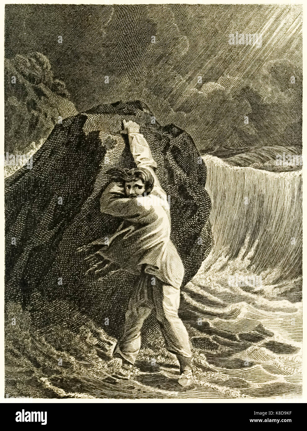 ‘Robinson Crusoe shipwrecked and clinging to a Rock’ from “The Life and Strange Surprising Adventures of Robinson Crusoe, or York, Mariner” by Daniel Defoe (1660-1731). Illustration by Thomas Stothard (1755-1834) engraving by Thomas Medland (1765-1833). See more information below. Stock Photo