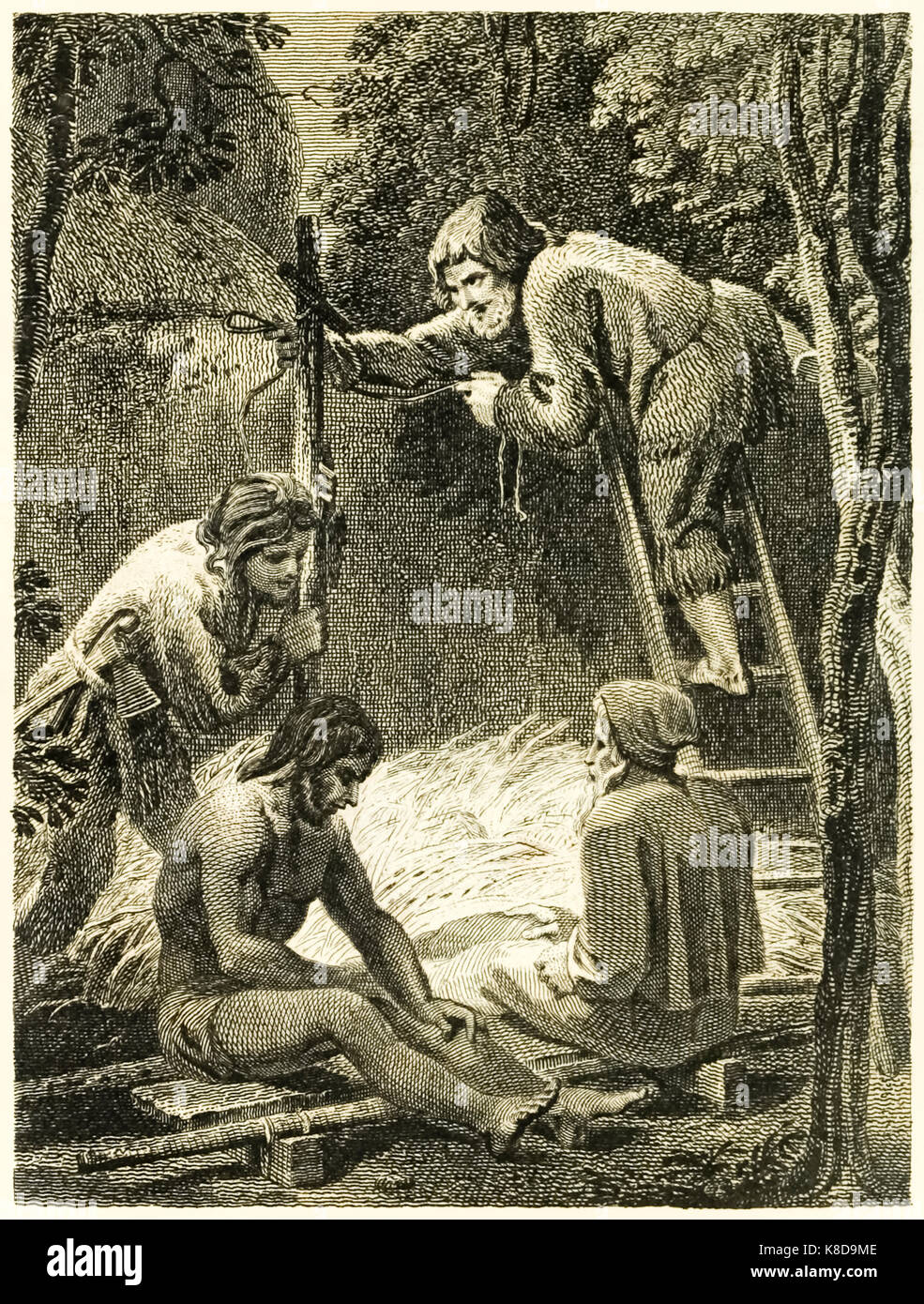 ‘Robinson Crusoe and Friday making a Tent to lodge Friday’s Father and the Spaniard’ from “The Life and Strange Surprising Adventures of Robinson Crusoe, or York, Mariner” by Daniel Defoe (1660-1731). Illustration by Thomas Stothard (1755-1834) engraving by Thomas Medland (1765-1833). See more information below Stock Photo
