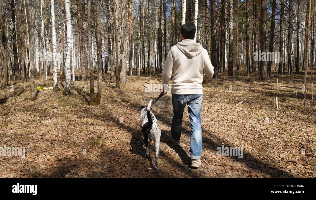 Man walks with dog in autumn park at sunny day. Man walking with a ...