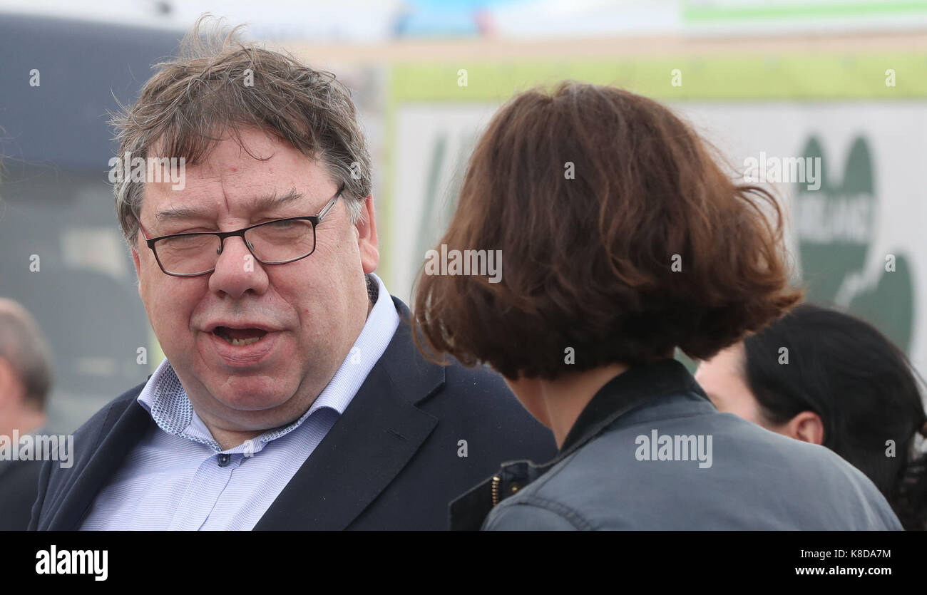 Former Taoiseach Brian Cowen shares a joke with Fine Gael TD Kate O'Connell at the National Ploughing Championships in Tullamore Co Offaly. Stock Photo