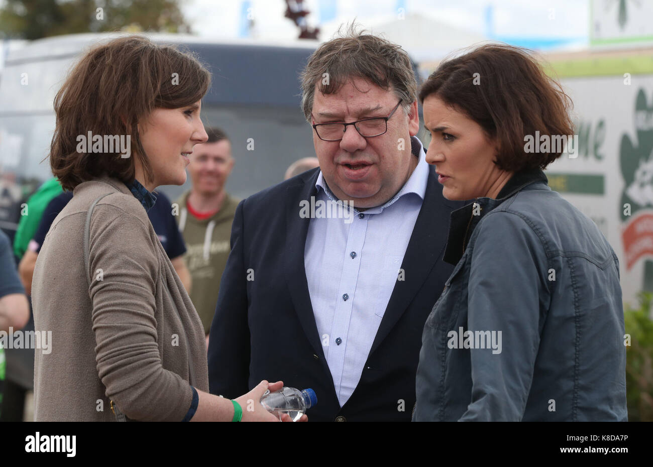 Former Taoiseach Brian Cowen chats with sisters Theresa Newman and Kate O'Connell of Fine Gael at the National Ploughing Championships in Tullamore Co Offaly. Stock Photo