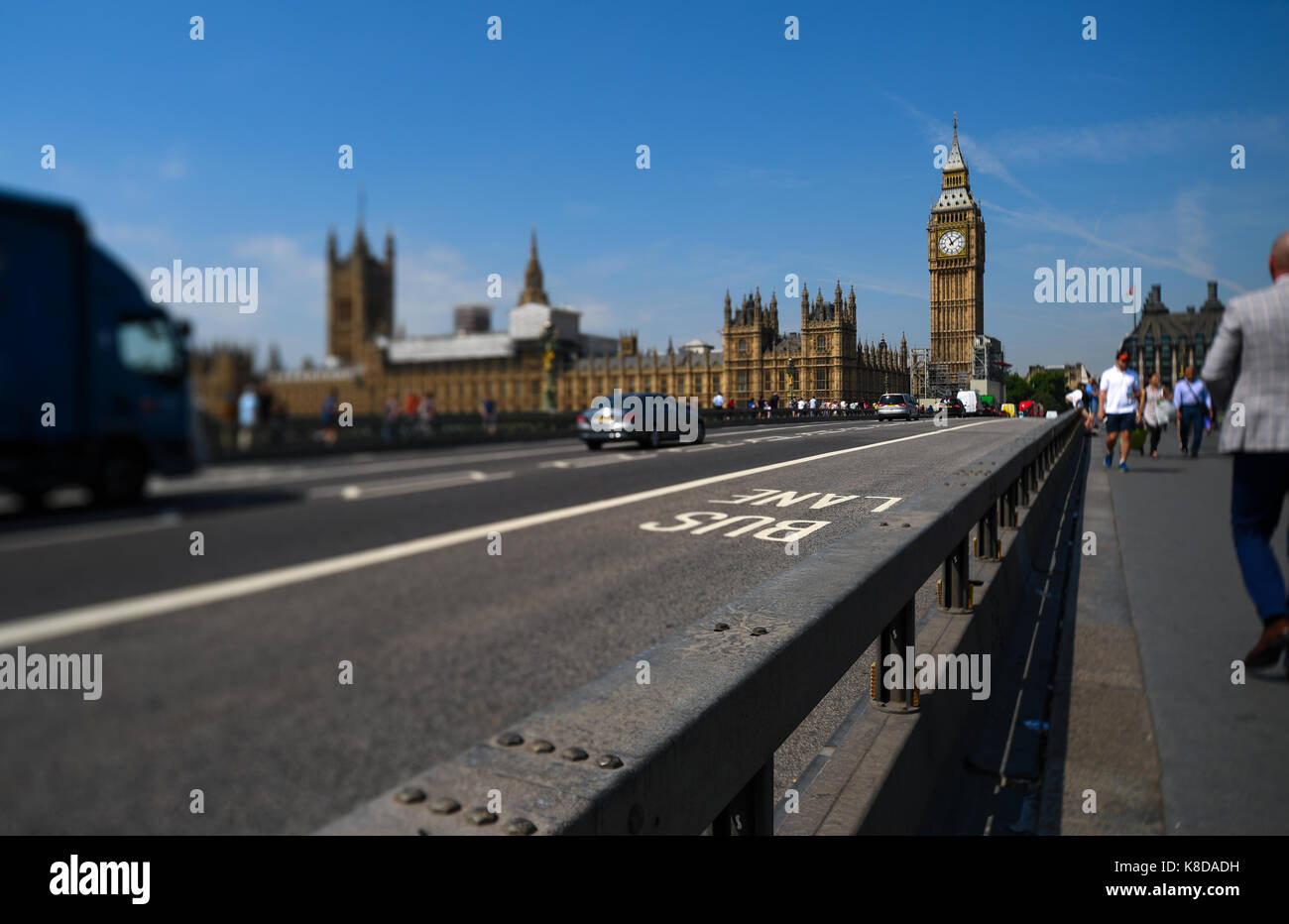 Anti Terroisim barrier installed on Westminister bridge to protect pedestrians walking to the Houses of Parliament and Big Ben and Elizabeth Tower Stock Photo