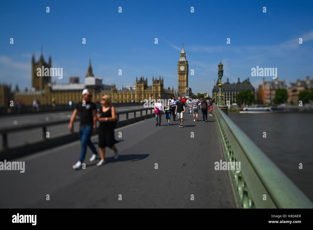 Anti Terroisim barrier installed on Westminister bridge to protect pedestrians walking to the Houses of Parliament and Big Ben and Elizabeth Tower Stock Photo