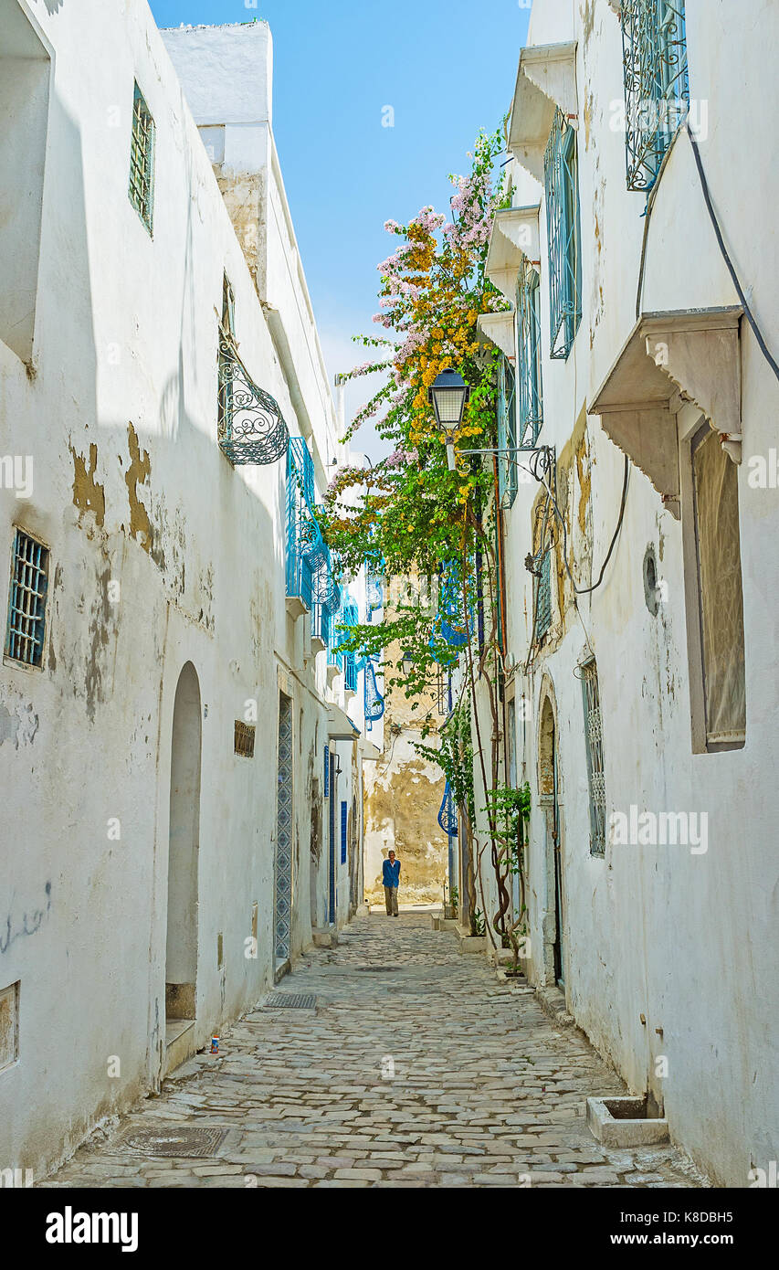 TUNIS, TUNISIA - SEPTEMBER 2, 2015: The old town (Medina) is famous for its traditional Arabic architecture with the maze of narrow streets, preserved Stock Photo