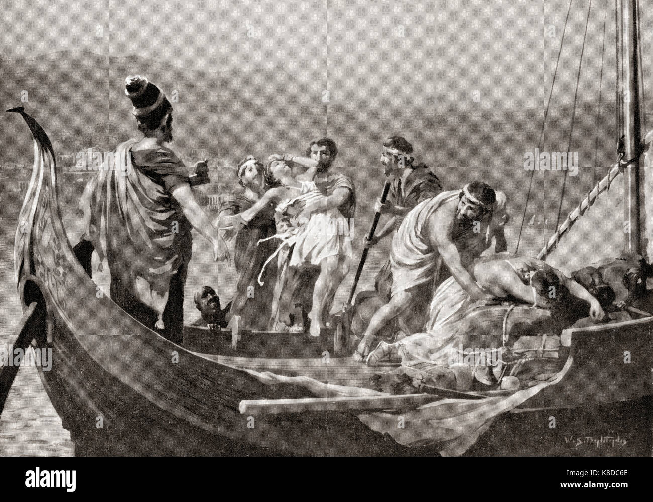 Phoenician traders kidnapping maidens on the coast of Greece to sell as slaves in Egypt.  After the painting by W.S. Bagdatopoulus, (1888-1965).  From Hutchinson's History of the Nations, published 1915. Stock Photo