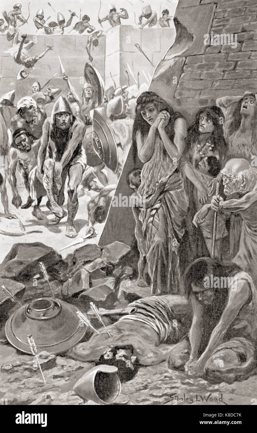 The city of Tyre  besieged by Nebuchadnezzar II of Babylon from 586-573 BC, until famine and the agreement to pay a tribute ended the siege.  From Hutchinson's History of the Nations, published 1915. Stock Photo