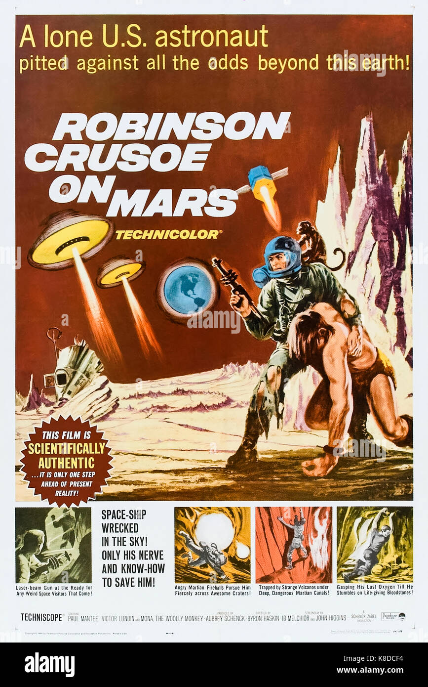 Robinson Crusoe on Mars (1964) directed by Byron Haskin and starring Paul Mantee, Victor Lundin and Adam West. An astronaut and a monkey are stranded on Mars and try to find a way back to Earth. Stock Photo