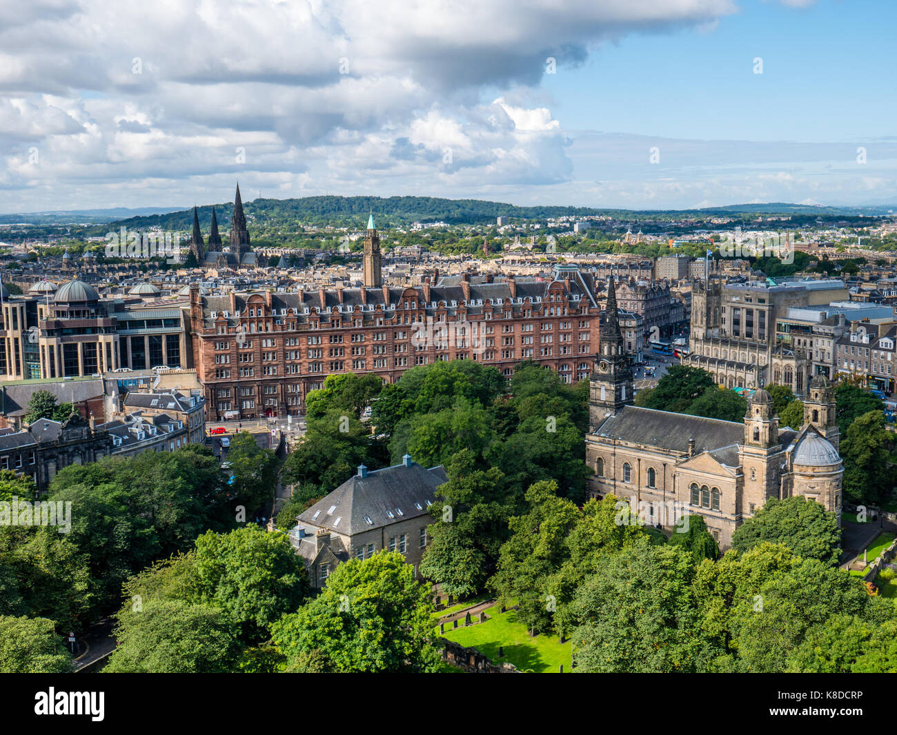 View of The Parish Church of St Cuthbert, and the City of Edinburgh, from Edinburgh Castle, Castle Rock, Old Town, Edinburgh, Scotland Stock Photo