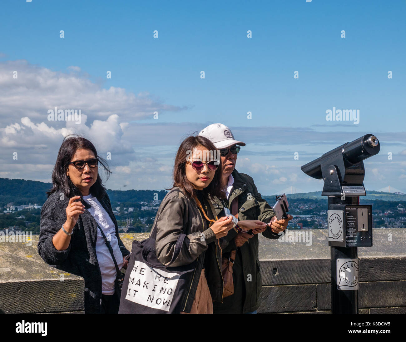Family of Chinese Tourists Battlements of Edinburgh Castle, Old Town, Edinburgh, Scotland, UK, GB. Stock Photo