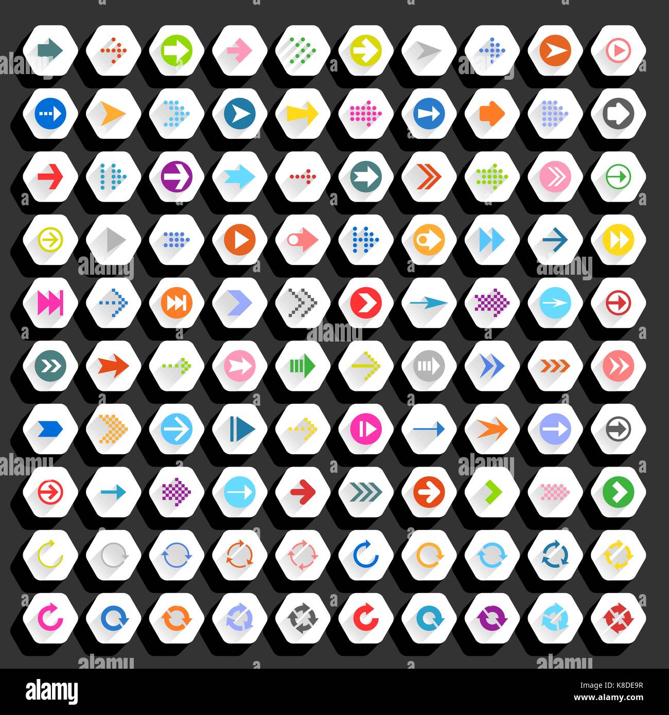 Flat arrow icon with long shadow. Sign on hexagon shapes web button on ...