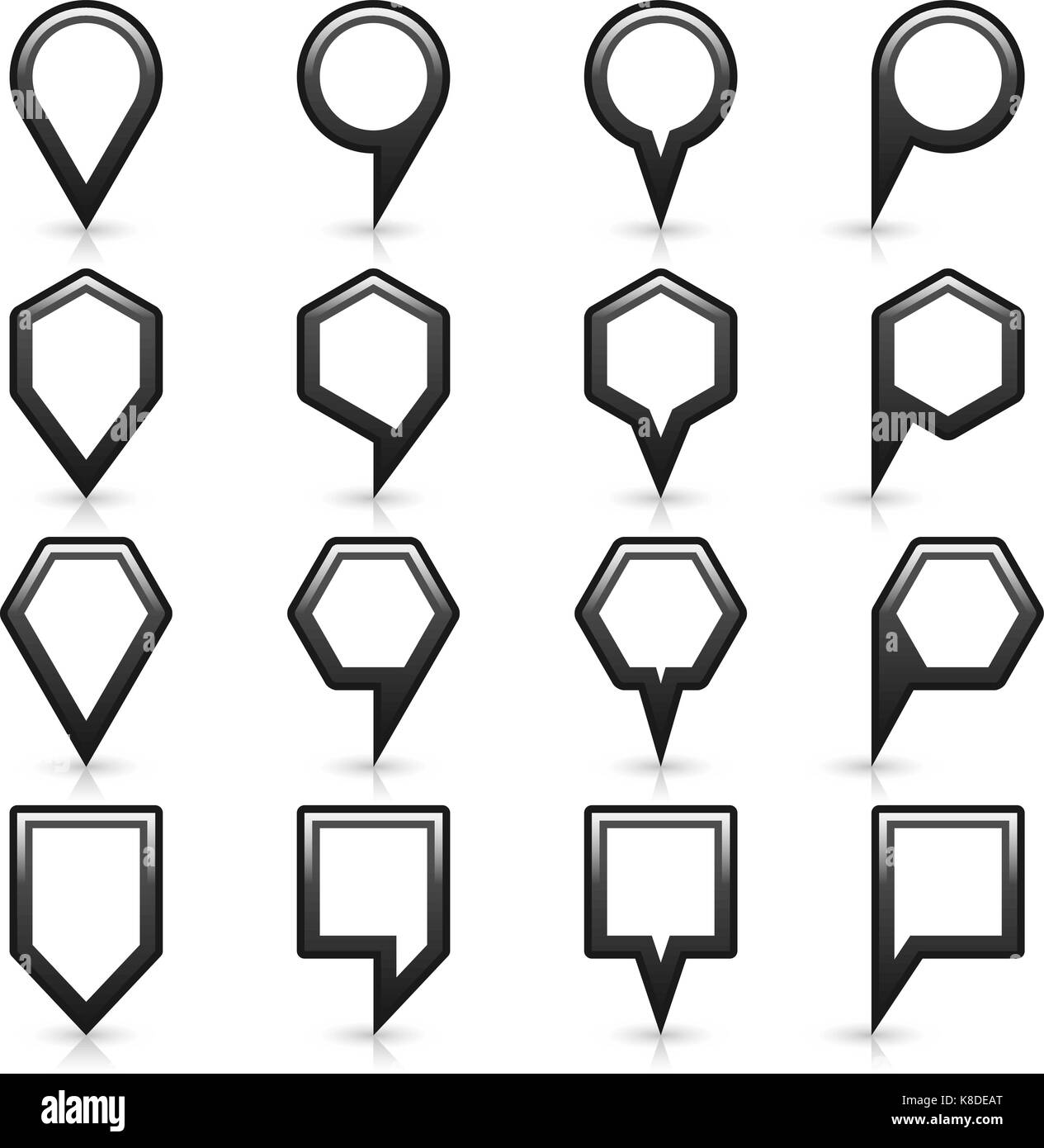 16 map pins sign location icon with gray reflection and shadow in flat ...