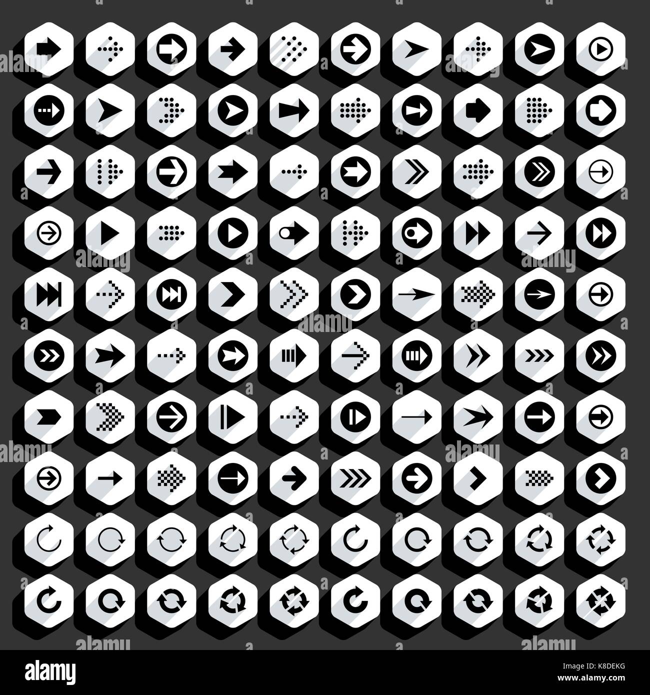 Flat arrow icon with long shadow. Sign on hexagon shapes web button on ...