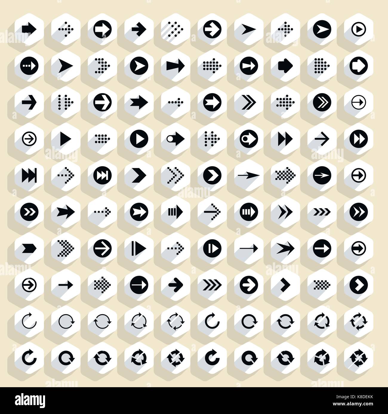 Flat arrow icon with long shadow. Sign on hexagon shapes web button on ...
