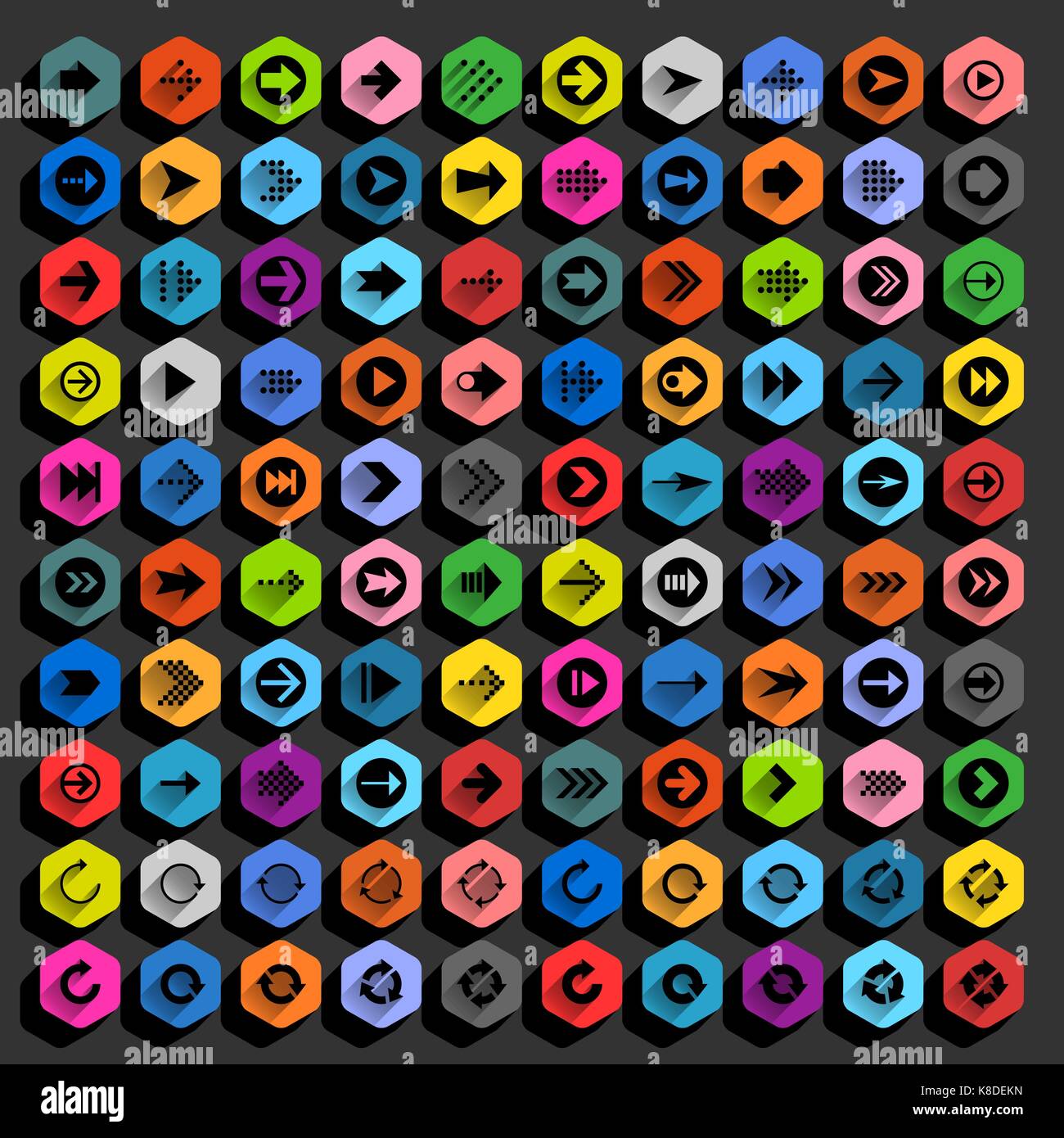 Flat arrow icon with long shadow. Sign on hexagon shapes web button on ...