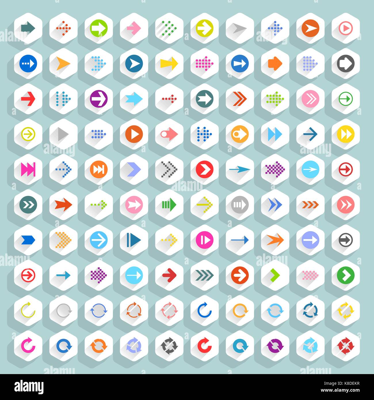 Flat arrow icon with long shadow. Sign on hexagon shapes web button on ...