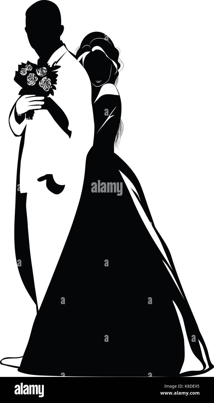 Silhouettes of the bride hugging the groom in the back - vector Stock Vector