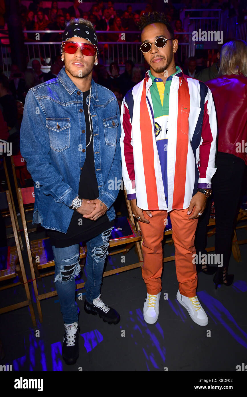 Lewis Hamilton (right) and Neymar during the Tommy Hilfiger Front row  during London Fashion Week SS18 held at Roundhouse, Chalk Farm Rd, London.  Picture Date: Tuesday 19 September. Photo credit should read: