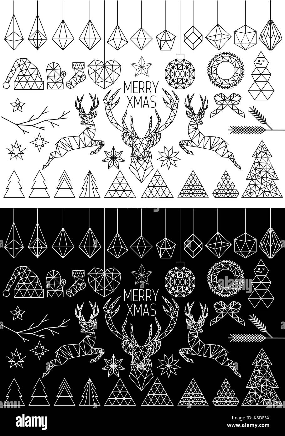 Geometric Christmas vector set, black and white design elements Stock Vector