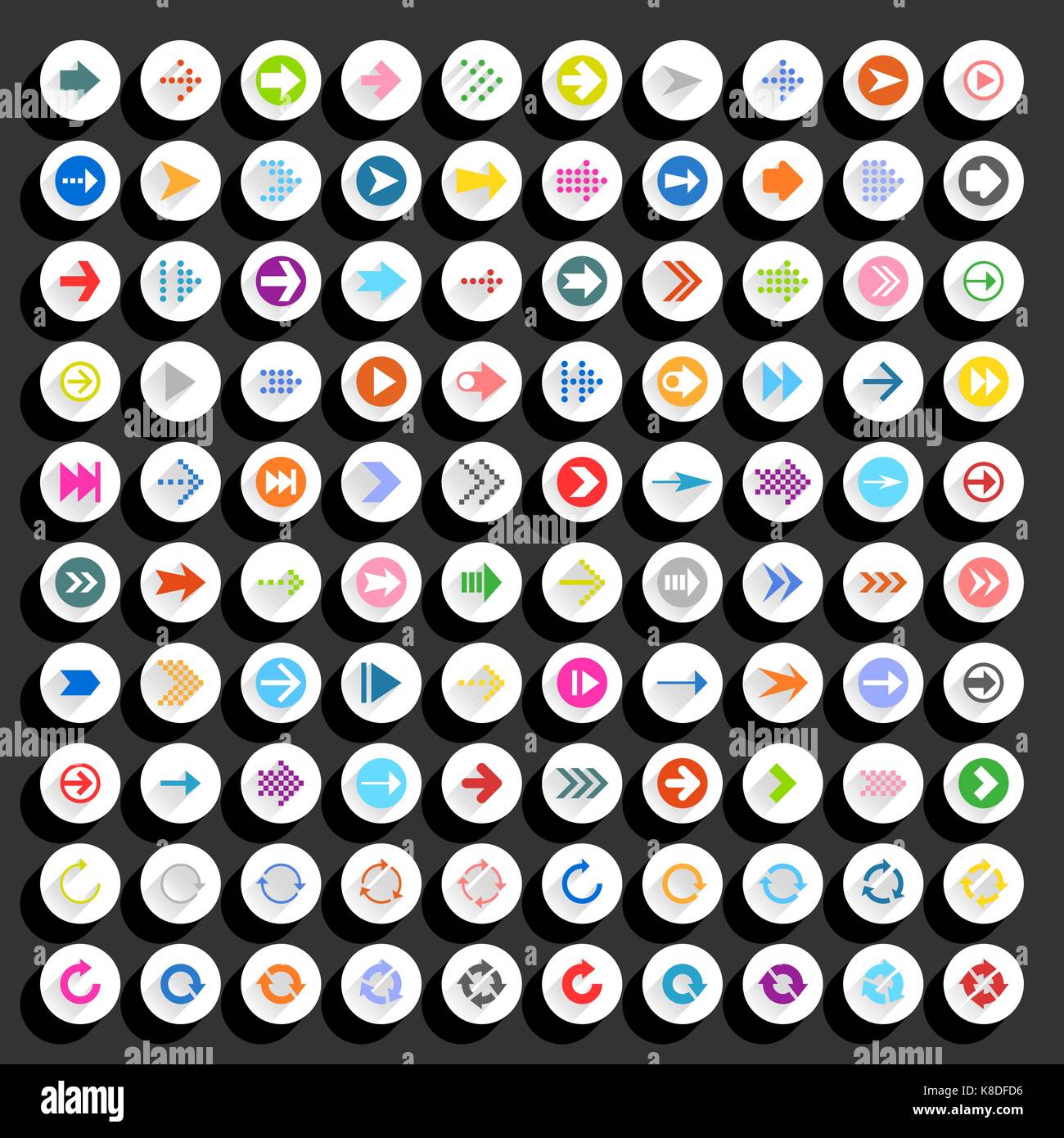 Flat arrow icon with long shadow. Sign on circle shapes web button on ...
