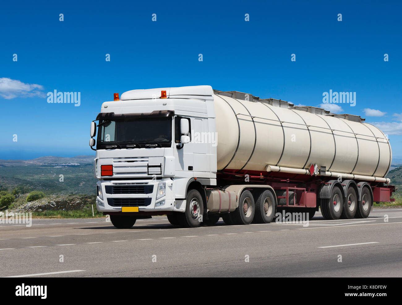 GREECE. ISLAND RODOS- June 16, 2013. Trailer tanker truck on the highway.. Greece, Rhodes  16.06.2013 Stock Photo