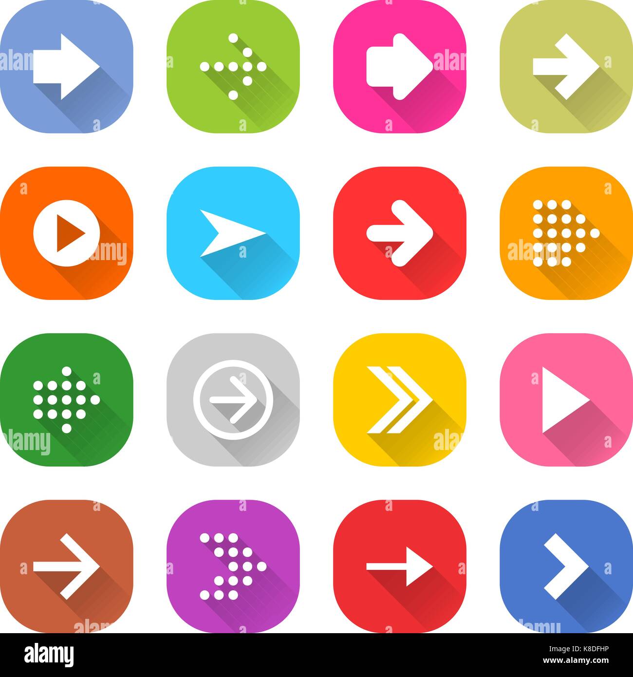 Flat arrow icon 16 set rounded square web button on white background ...
