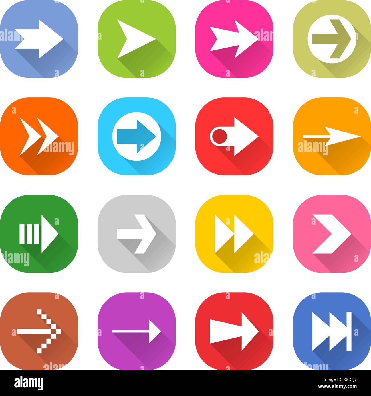 Flat arrow icon 16 set rounded square web button on white background ...